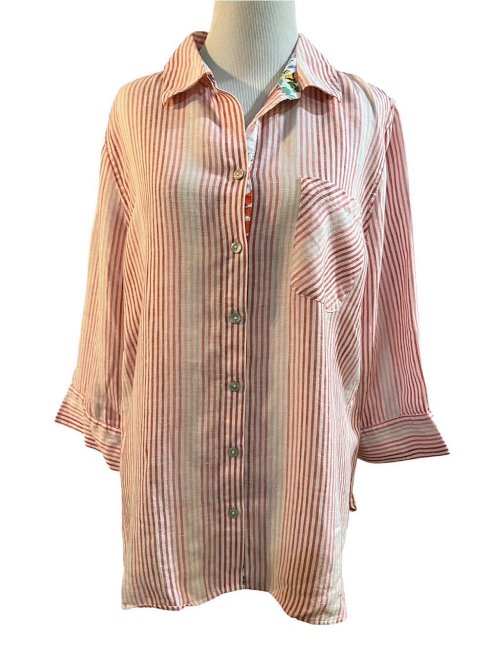 CHICO’S LINEN STRIPED BUTTON DOWN SHIRT RED PINK WHT CHICOS SIZE 2 MEDIUM 12